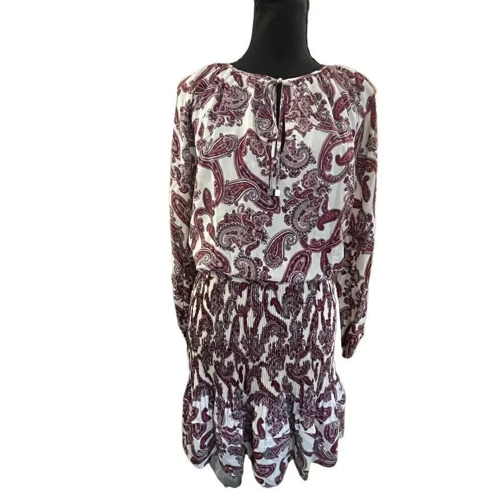 MICHAEL KORS Womens Pleated Dress Ivory Ruffled Pullover Paisley Long Sleeve M